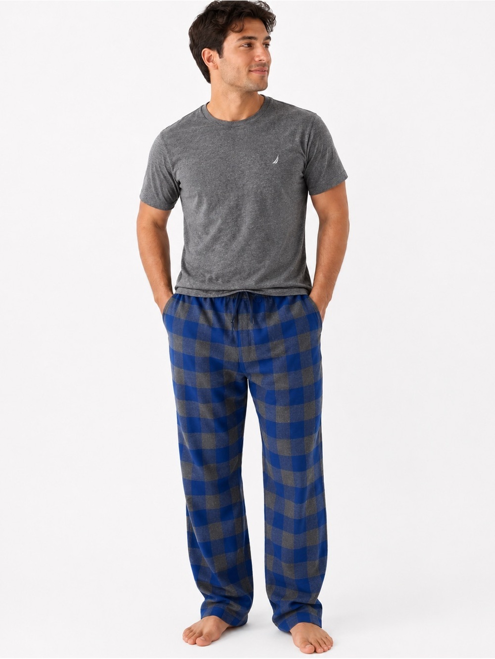 Nautica 2Pc S/S Crew & Pant Men’s Charcoal Gray/Blue Soft Knit Sz Med Flannel